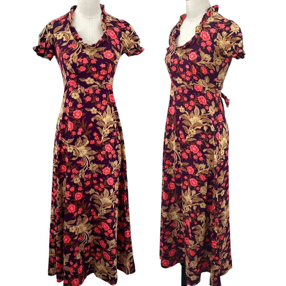 Vintage 60s 70s Floral Print Maxi Dress Puff Sleeve Ruffled Neckline Tie Waist